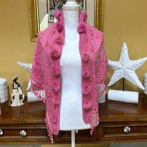 Y2K Vintage Pink Floral Embroidered Knit Wrap With Real Fur Pom Pom Fringe Hem
